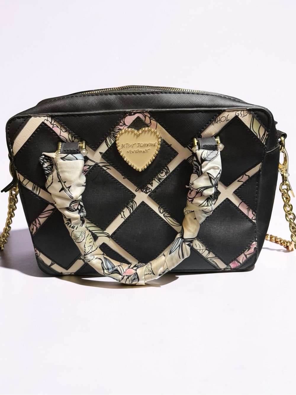 Betsey Johnson Black Quilted Crossbody with Floral Scarf-Wrapped Handles